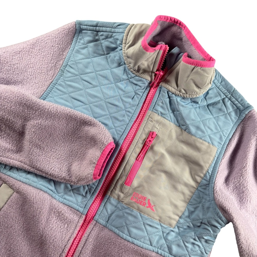 Eddie Bauer Girls Colorblock Purple Fleece Full Zip Quilted Hybrid Jacket M‎ 7/8